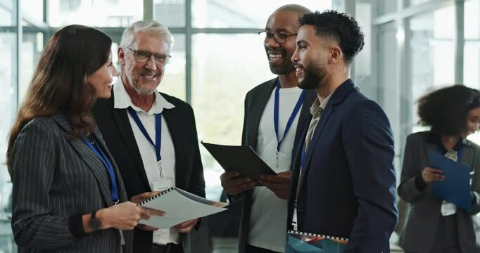 Meeting, conference and business people with documents in discussion for event, opportunity or planning. Corporate, convention and employees with tech for speed networking, connection and information