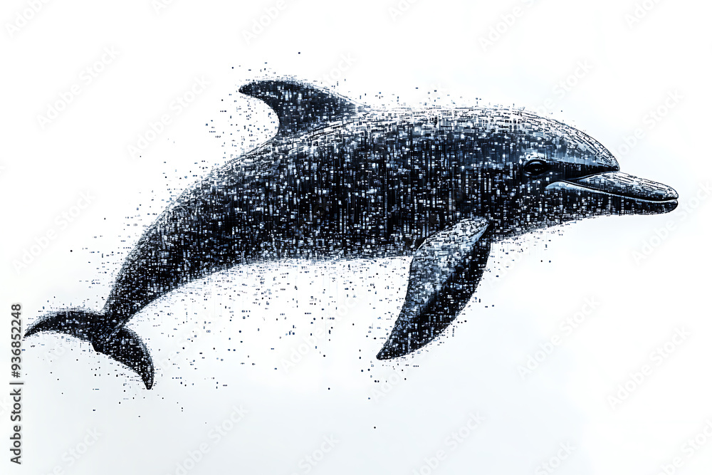 Wall mural a digital illustration of a dolphin silhouette, rendered in a binary code pattern with a clean white