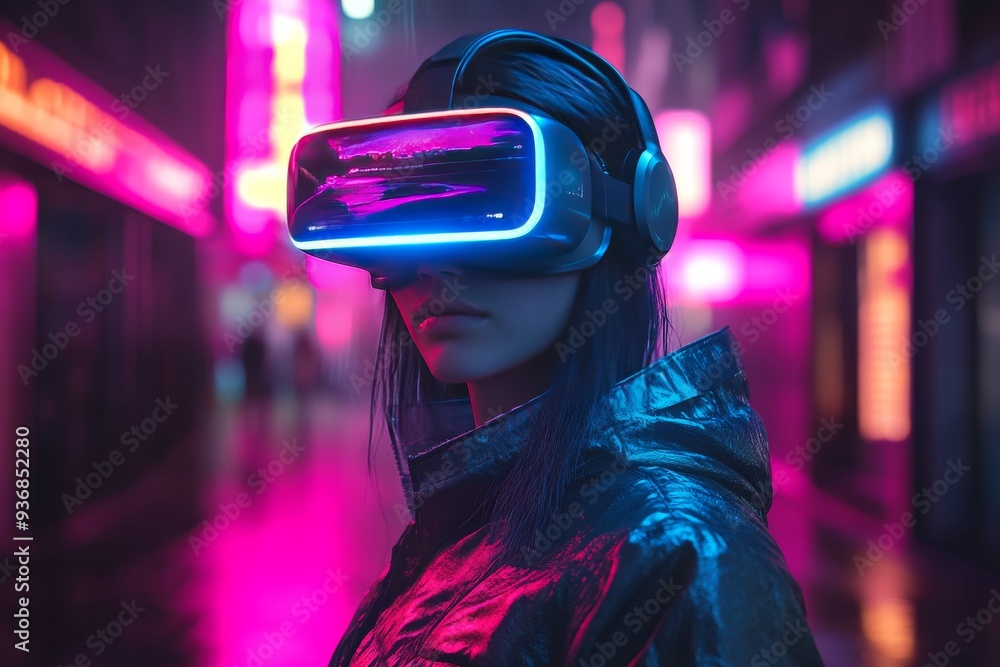 Poster a futuristic woman in a neon lit urban environment uses a vr headset to explore a digital world wher