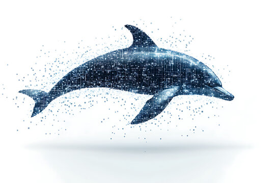 A digital illustration of a dolphin silhouette, rendered in a binary code pattern with a clean white background for a modern, tech-inspired look.
