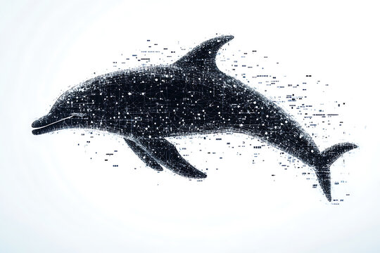 A digital illustration of a dolphin silhouette, rendered in a binary code pattern with a clean white background for a modern, tech-inspired look.
