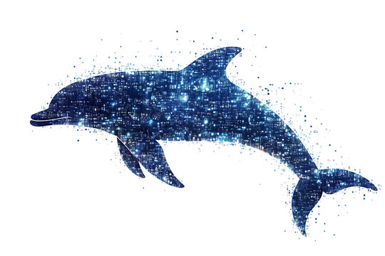 A digital illustration of a dolphin silhouette, rendered in a binary code pattern with a clean white background for a modern, tech-inspired look.
