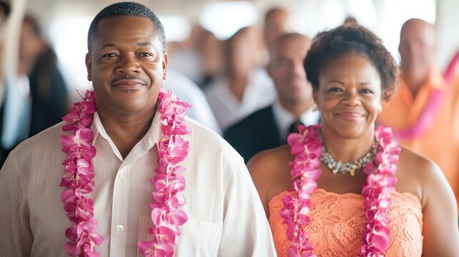 Groups of African American guests are cheerfully arriving at the beach, wearing vibrant floral leis, excited for their beach day festivities