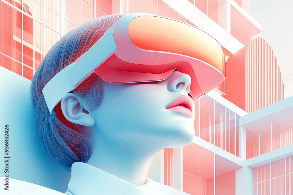 Poster a person wearing a futuristic vr headset is surrounded by a digital environment where geometric shap