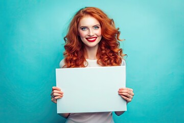 Naklejka premium Vibrant portrait of a stunning young woman with fiery red hair and bright smile, holding a blank sign against a soothing blue pastel background.