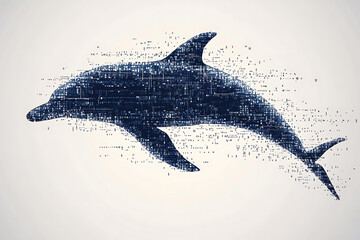 Fototapeta premium A digital illustration of a dolphin silhouette, rendered in a binary code pattern with a clean white background for a modern, tech-inspired look. 