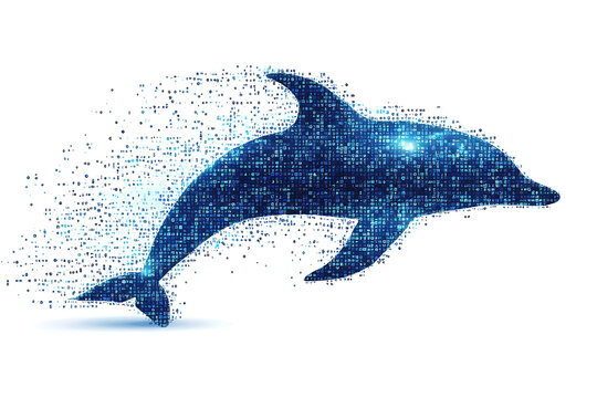 A digital illustration of a dolphin silhouette, rendered in a binary code pattern with a clean white background for a modern, tech-inspired look.
