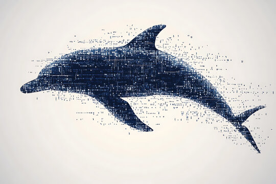 A digital illustration of a dolphin silhouette, rendered in a binary code pattern with a clean white background for a modern, tech-inspired look.
