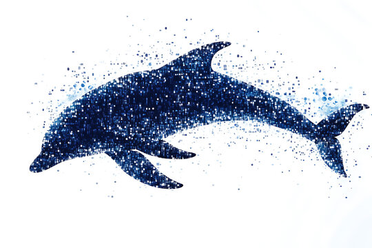 A digital illustration of a dolphin silhouette, rendered in a binary code pattern with a clean white background for a modern, tech-inspired look.

