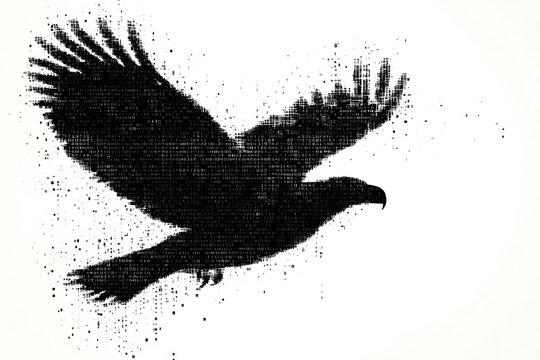  eagle silhouette, rendered in a binary code pattern with a clean white background, combining nature with technology