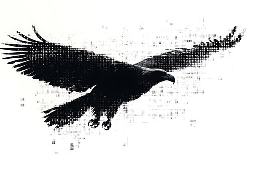  eagle silhouette, rendered in a binary code pattern with a clean white background, combining nature with technology
