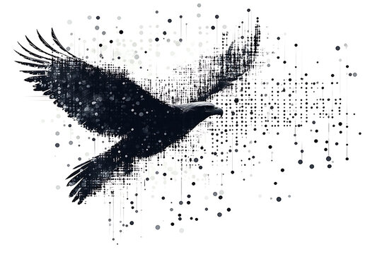  eagle silhouette, rendered in a binary code pattern with a clean white background, combining nature with technology