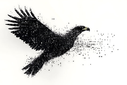  eagle silhouette, rendered in a binary code pattern with a clean white background, combining nature with technology