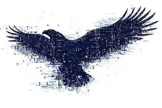  eagle silhouette, rendered in a binary code pattern with a clean white background, combining nature with technology
