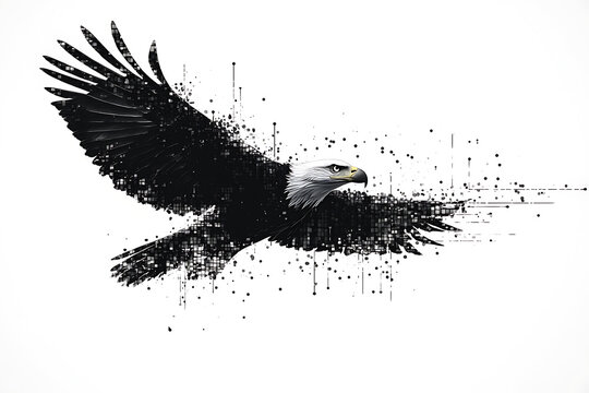  eagle silhouette, rendered in a binary code pattern with a clean white background, combining nature with technology