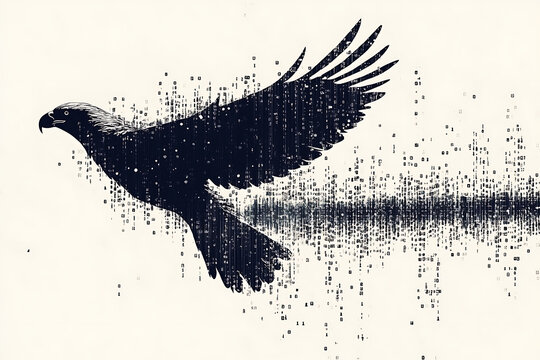  eagle silhouette, rendered in a binary code pattern with a clean white background, combining nature with technology
