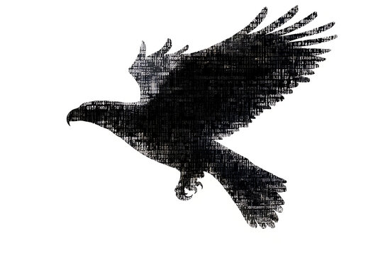  eagle silhouette, rendered in a binary code pattern with a clean white background, combining nature with technology