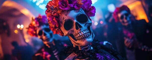 Skeleton theme with guests dressed as skeletons, and decor featuring bones, skulls, and eerie lights, Creepy, Cool Tones, Atmospheric