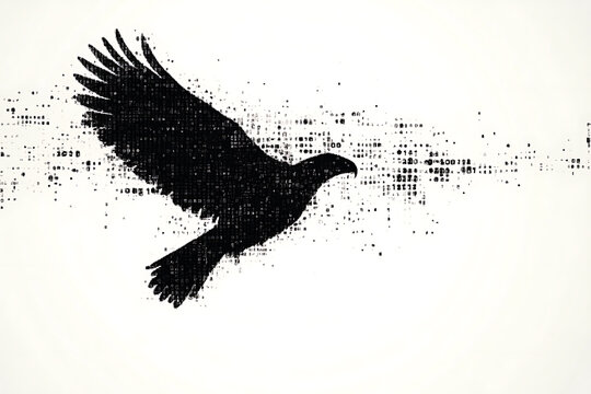  eagle silhouette, rendered in a binary code pattern with a clean white background, combining nature with technology
