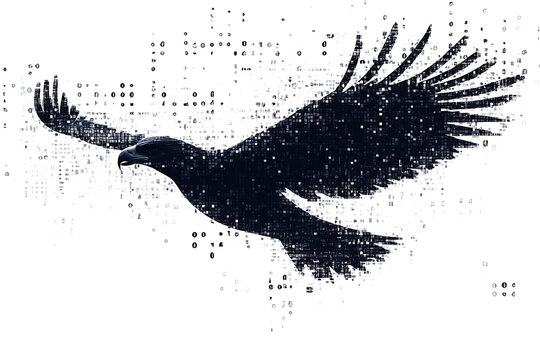  eagle silhouette, rendered in a binary code pattern with a clean white background, combining nature with technology