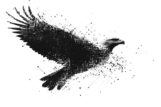  eagle silhouette, rendered in a binary code pattern with a clean white background, combining nature with technology