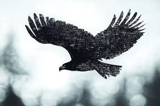  eagle silhouette, rendered in a binary code pattern with a clean white background, combining nature with technology