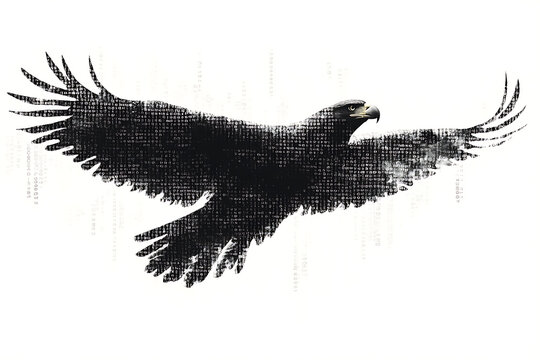  eagle silhouette, rendered in a binary code pattern with a clean white background, combining nature with technology