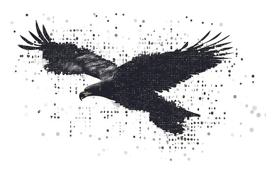  eagle silhouette, rendered in a binary code pattern with a clean white background, combining nature with technology