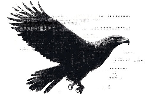  eagle silhouette, rendered in a binary code pattern with a clean white background, combining nature with technology