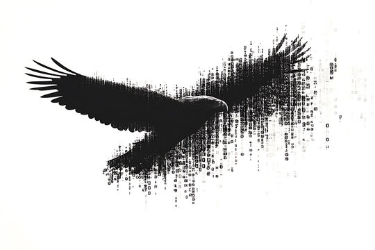  eagle silhouette, rendered in a binary code pattern with a clean white background, combining nature with technology