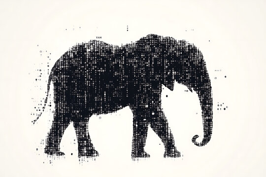  elephant silhouette, featuring a binary code pattern against a white background, merging the majestic animal with technology.
