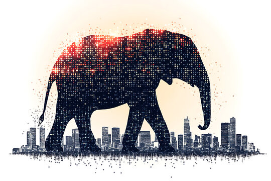  elephant silhouette, featuring a binary code pattern against a white background, merging the majestic animal with technology.
