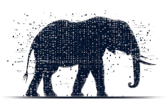  elephant silhouette, featuring a binary code pattern against a white background, merging the majestic animal with technology.
