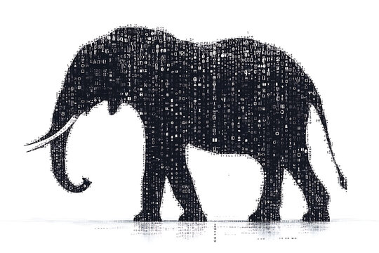  elephant silhouette, featuring a binary code pattern against a white background, merging the majestic animal with technology.
