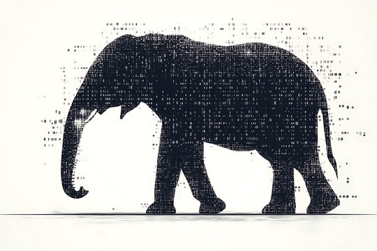 A digital illustration of an elephant silhouette, featuring a binary code pattern against a white background, merging the majestic animal with technology.
