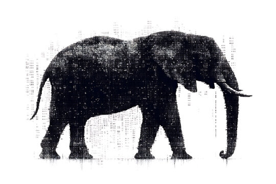 A digital illustration of an elephant silhouette, featuring a binary code pattern against a white background, merging the majestic animal with technology.
