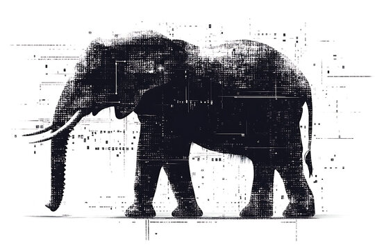 A digital illustration of an elephant silhouette, featuring a binary code pattern against a white background, merging the majestic animal with technology.
