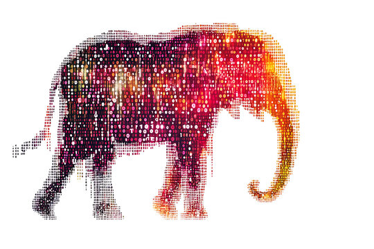 A digital illustration of an elephant silhouette, featuring a binary code pattern against a white background, merging the majestic animal with technology.
