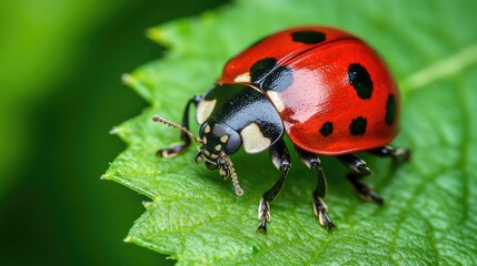 Fototapeta premium Close-up of a ladybug with black spots on red shell, standing on a green leaf.