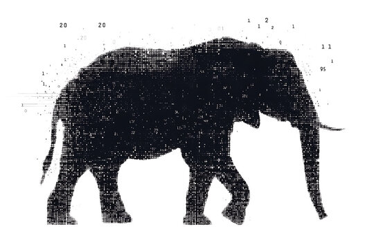 panda silhouette, rendered in a binary code pattern with a white background, blending nature with technology.
