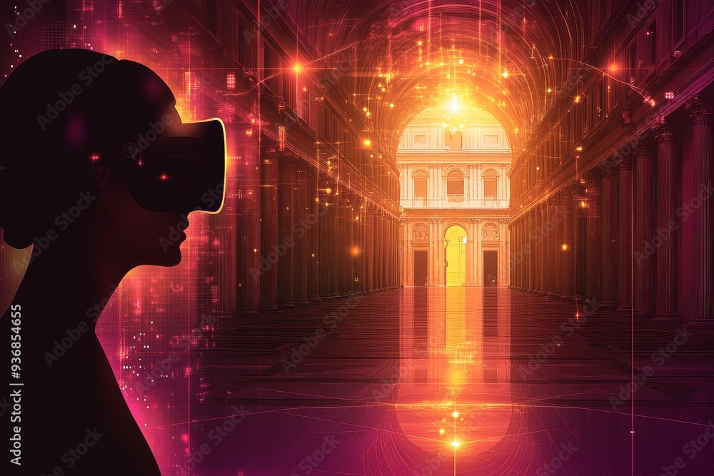 Poster man in tropical paradise using vr headset reflecting the fusion of nature and digital technology in 