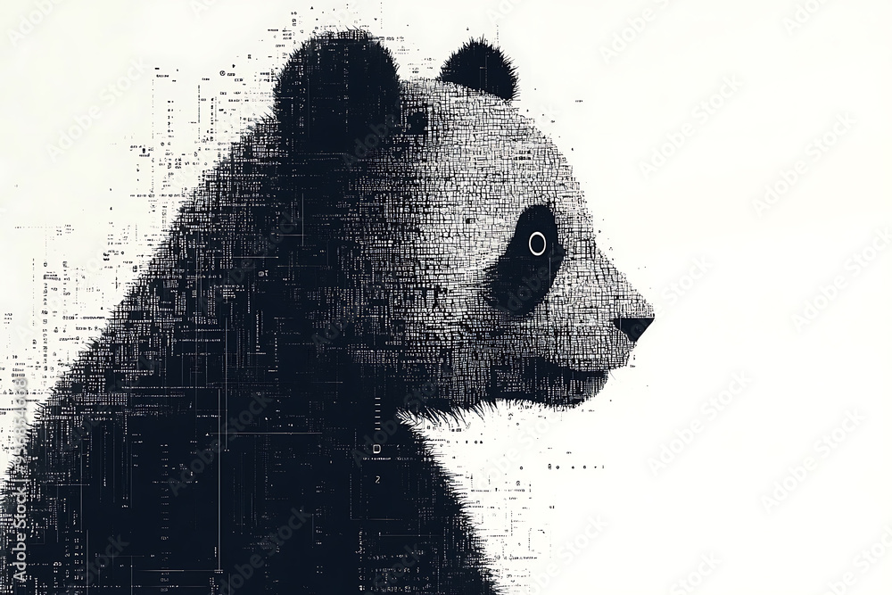 Wall mural panda silhouette, rendered in a binary code pattern with a white background, blending nature with te