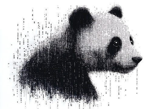  panda silhouette, rendered in a binary code pattern with a white background, blending nature with technology.
