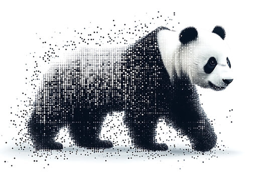  panda silhouette, rendered in a binary code pattern with a white background, blending nature with technology.

