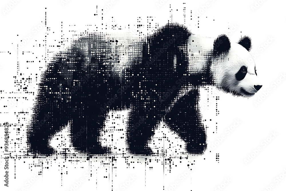 Wall mural panda silhouette, rendered in a binary code pattern with a white background, blending nature with te