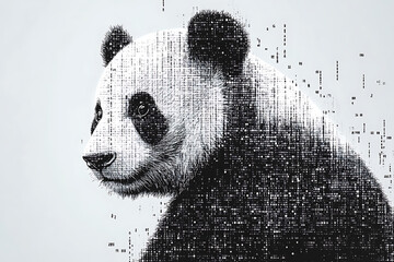 panda silhouette, rendered in a binary code pattern with a white background, blending nature with technology.
