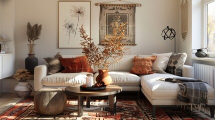 Fototapeta premium Bohemian-Inspired Living Room Retreat with Modern Decor 
