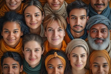 A vibrant group portrait showcasing diverse individuals with warm expressions, wrapped in elegant scarves and clothing, symbolizing cultural harmony.