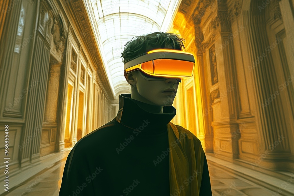 Poster young man exploring a grand classical architecture building while wearing a glowing vr headset symbo