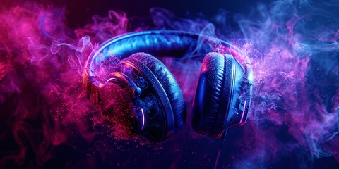 A striking image of headphones enveloped in colorful smoke, embodying the essence of music and nightlife in a modern, energetic design.